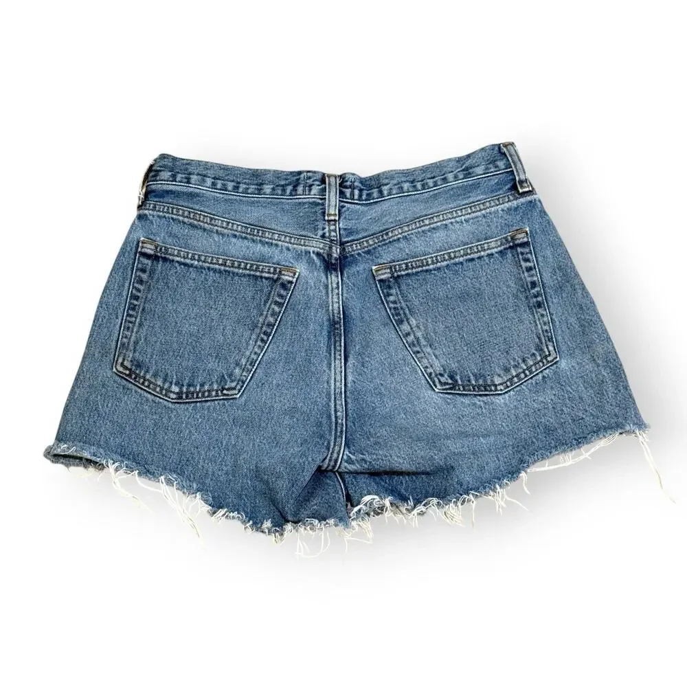 AGOLDE Parker Long High Rise Cut-Off Denim Shorts Womens 27 Blue Button-Fly